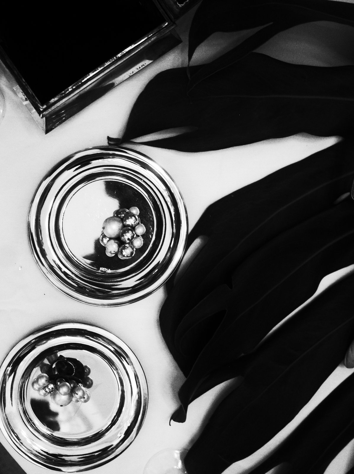 Black and white still life — silver dishes, pearls and dark leaves