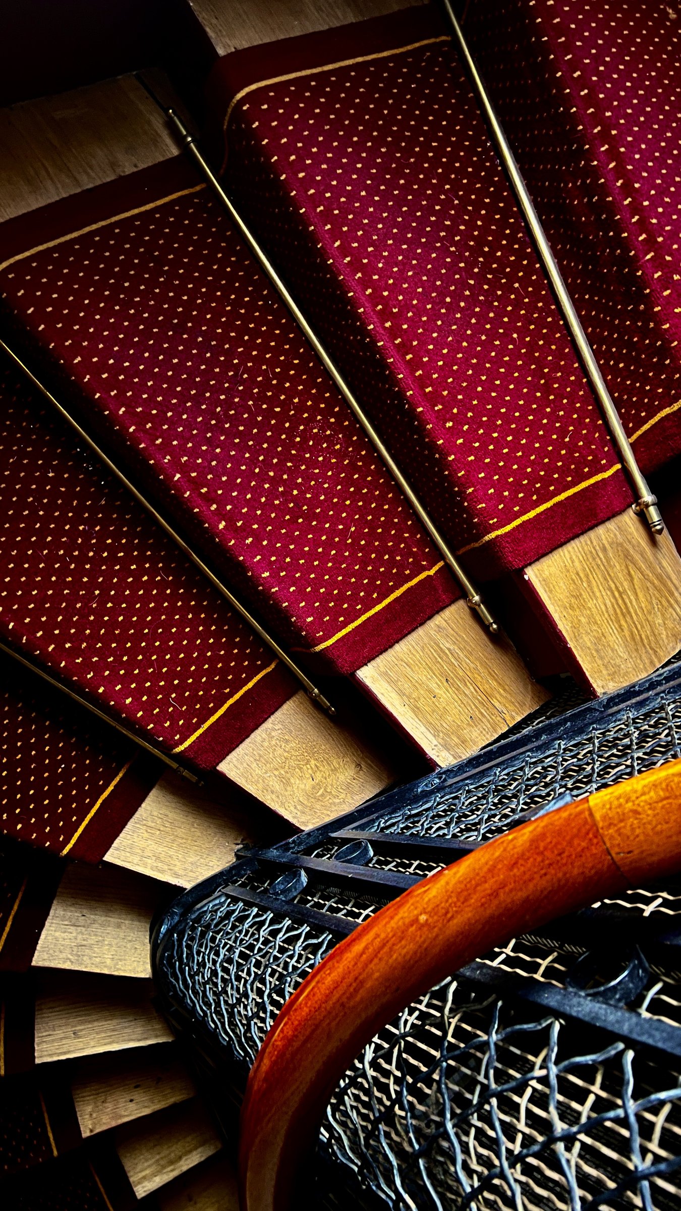 Spiral staircase from above — red carpet runner on dark wood