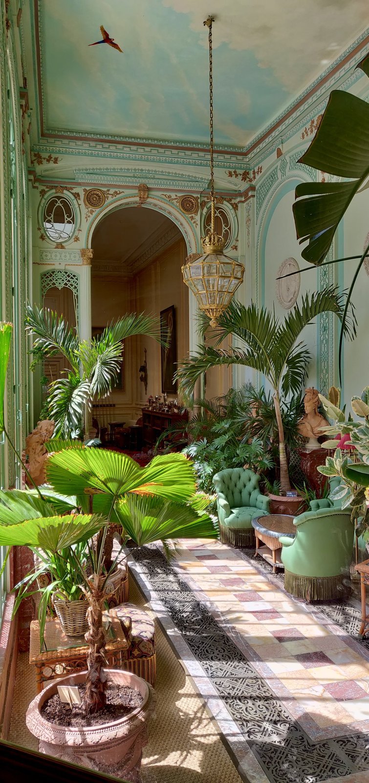 Belle Epoque interior with palms and chandelier — colour print